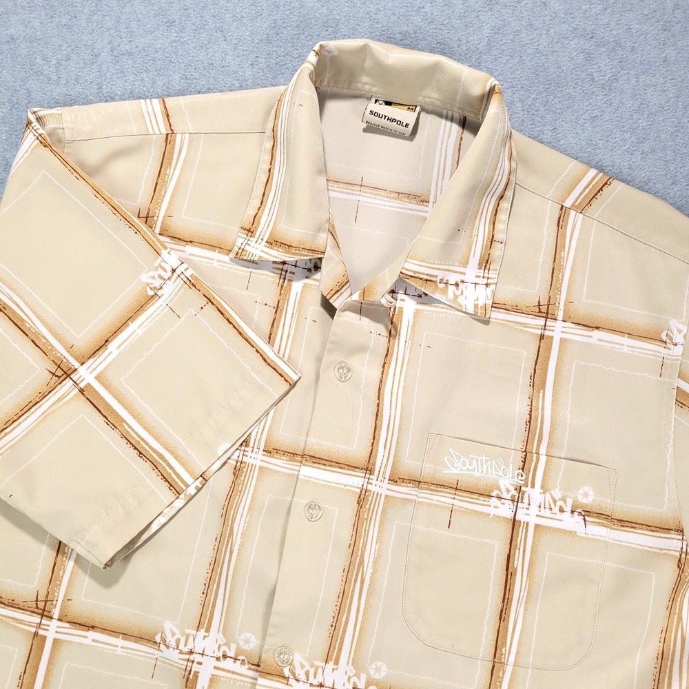 Southpole Graphic Button Down Shirt Mens Medium Tan Brown Grid Short Sleeve Y2K